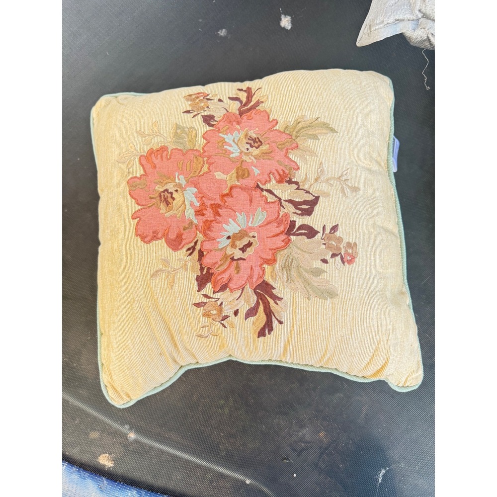 Croscill Floral Embroidered Throw Pillow Gold Cotton Corduroy Sage‎ Green Trim